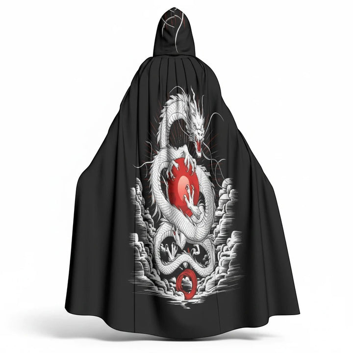Sea Dragon Dreams unisex hooded cloak featuring a white dragon and red orb graphic on a black scuba fabric background.