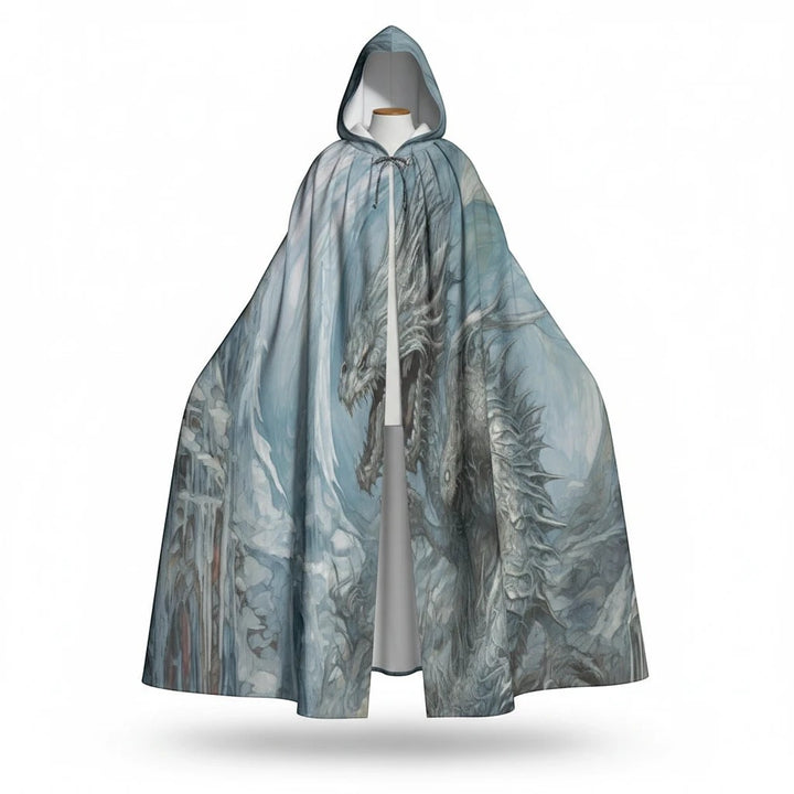 Sea Dragon Dreams hooded cloak in soft microfiber featuring a detailed grey dragon fantasy print on a flowing silhouette