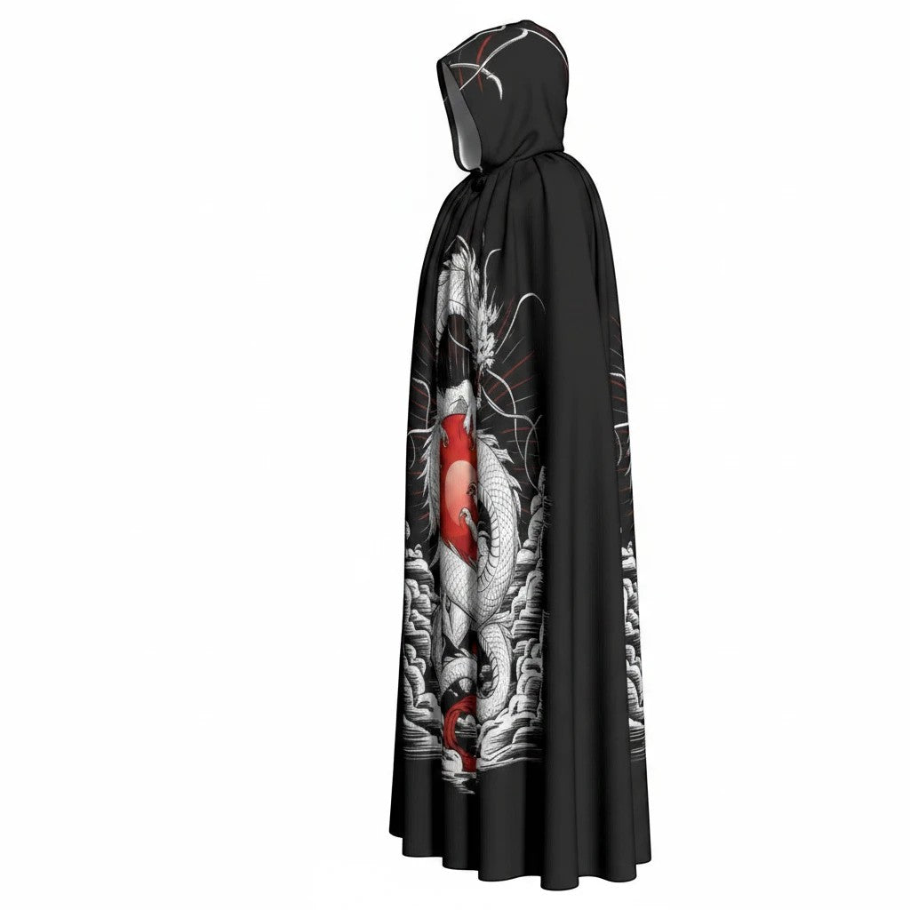 Sea Dragon Dreams unisex hooded cloak in black scuba fabric with a white dragon and red sun graphic print