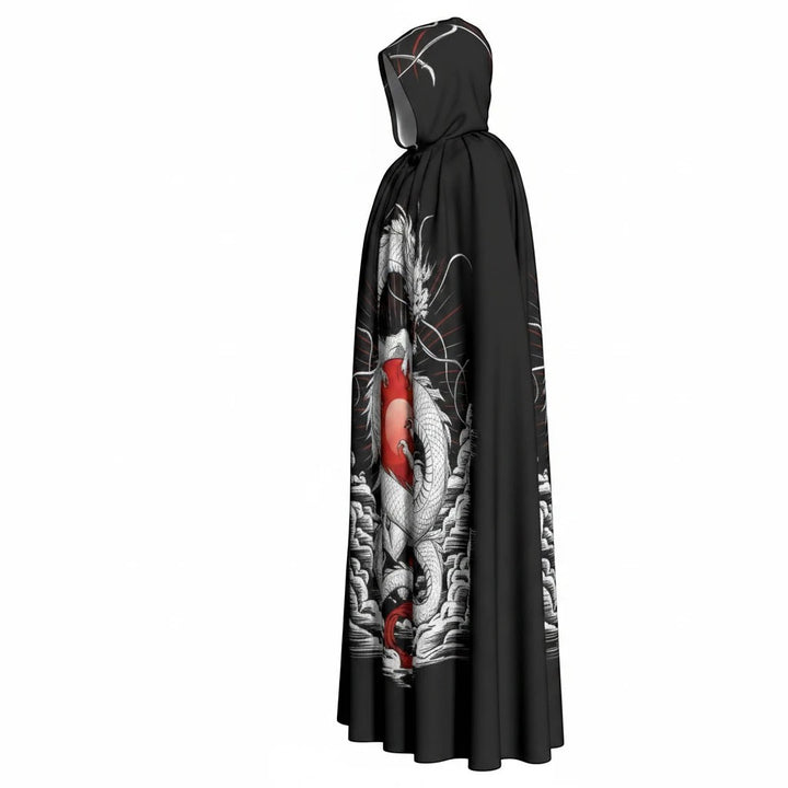 Sea Dragon Dreams unisex hooded cloak in black scuba fabric with a white dragon and red sun graphic print