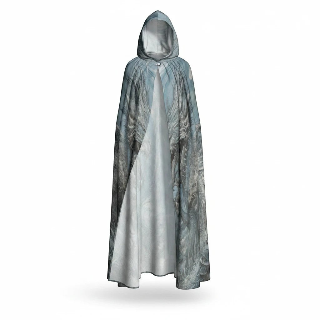 Sea Dragon Dreams unisex hooded cloak in soft microfiber with a detailed fantasy dragon print and flowing draped hem.