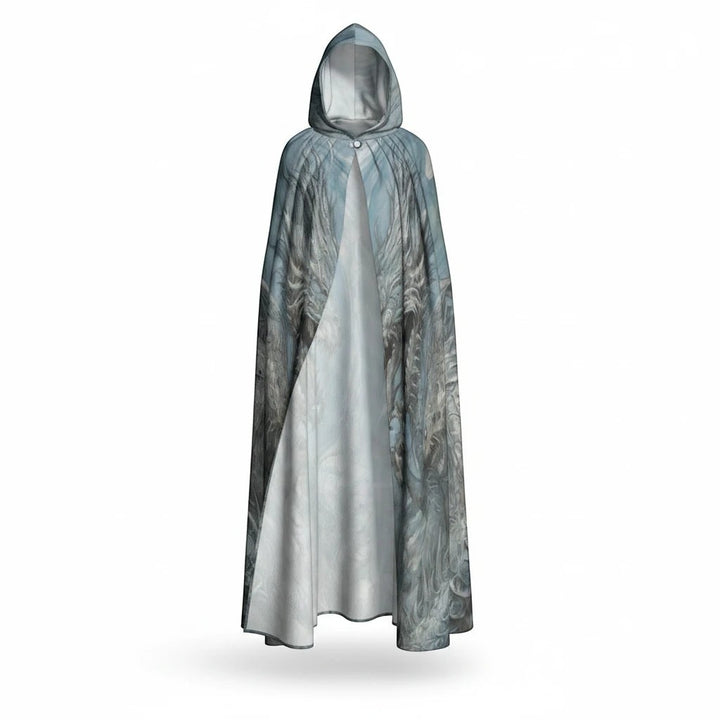 Sea Dragon Dreams unisex hooded cloak in soft microfiber with a detailed fantasy dragon print and flowing draped hem.