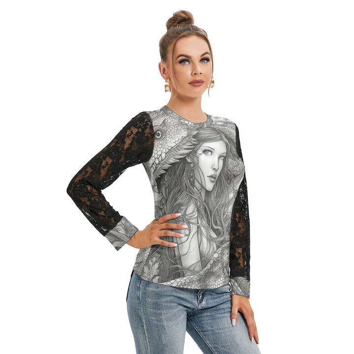 Sea Dragon Dreams women's t-shirt featuring a grey dragon illustration and long black lace lantern sleeves.