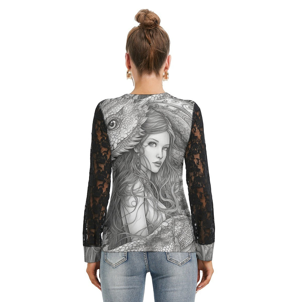 Sea Dragon Dreams women's t-shirt featuring a detailed dragon and woman illustration with elegant black lace sleeves