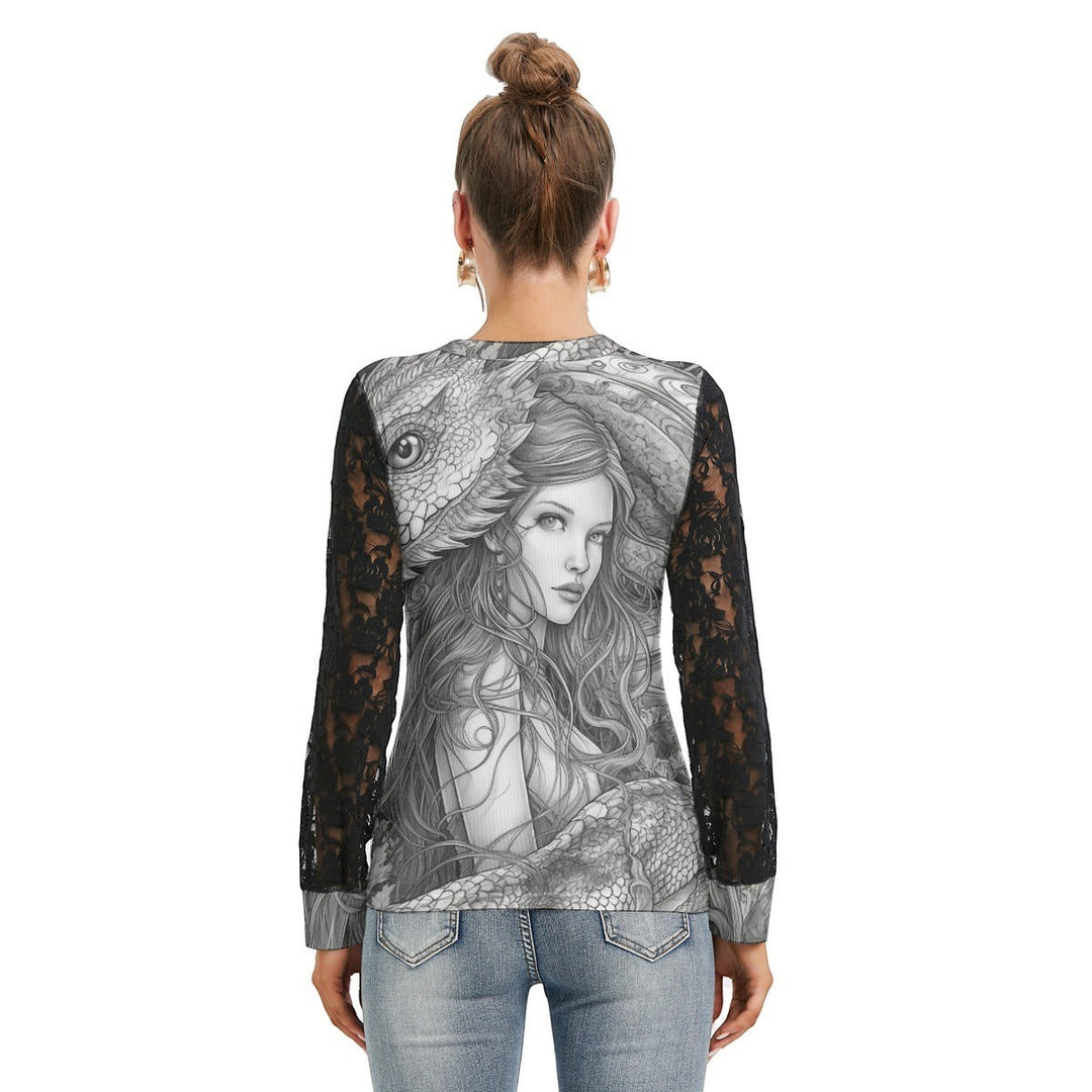 Sea Dragon Dreams women's t-shirt featuring a detailed dragon and woman illustration with elegant black lace sleeves