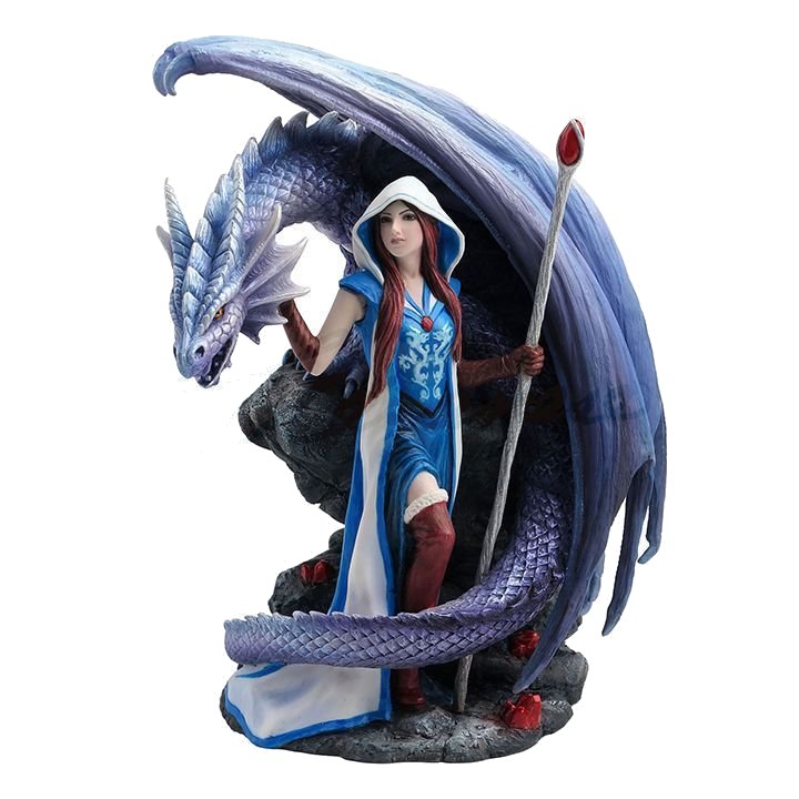 Sea Dragon Dreams Anne Stokes Dragon Mage sorceress figurine with an icy blue dragon and magical staff in polystone
