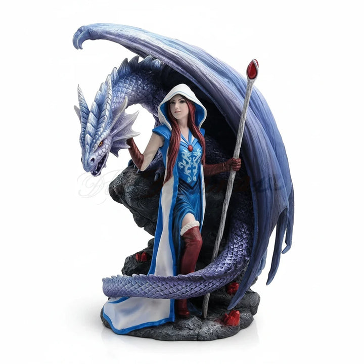 Sea Dragon Dreams Anne Stokes Dragon Mage sorceress figurine in blue and white with an icy dragon companion