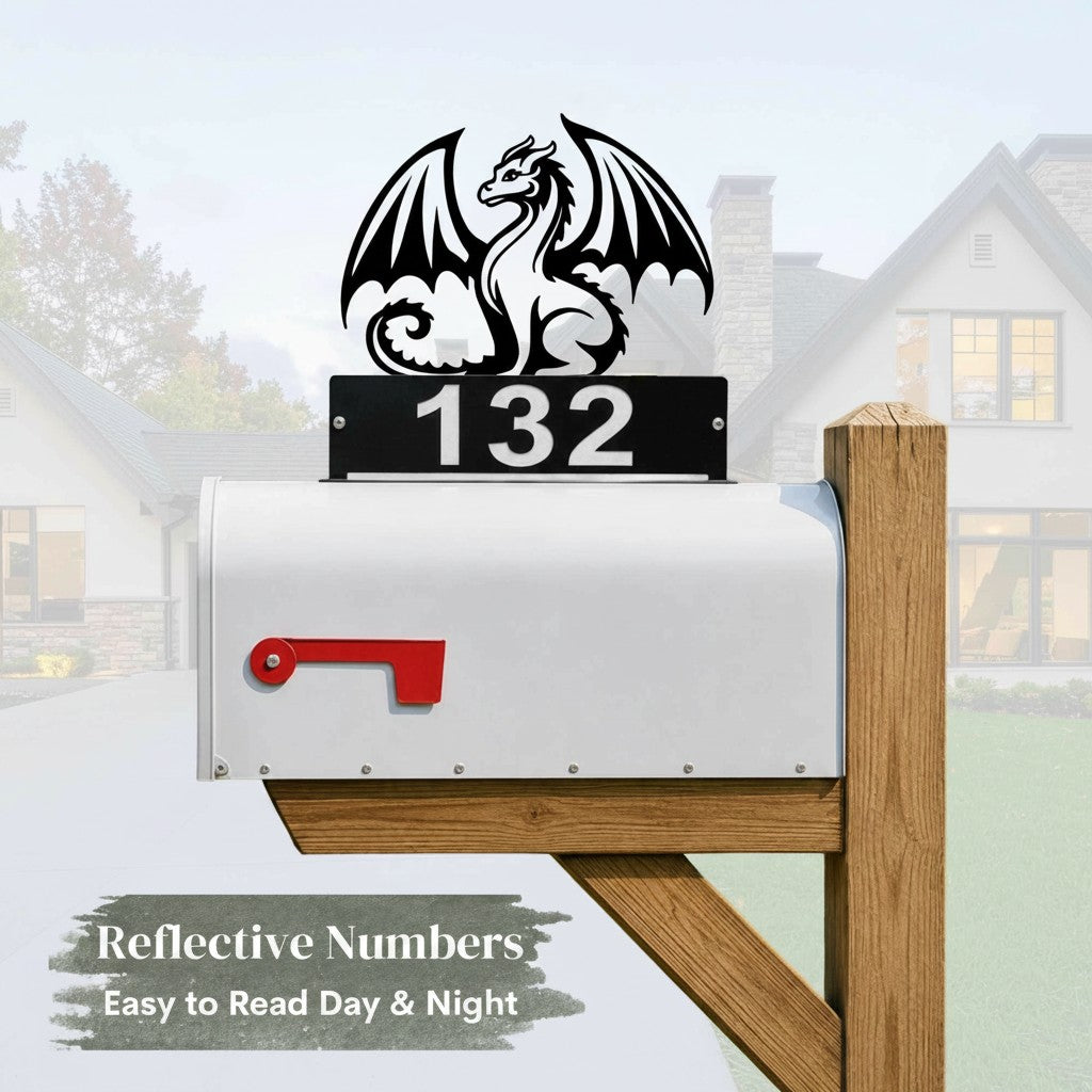 Sea Dragon Dreams personalized black metal dragon mailbox topper with reflective house numbers on a rural mailbox