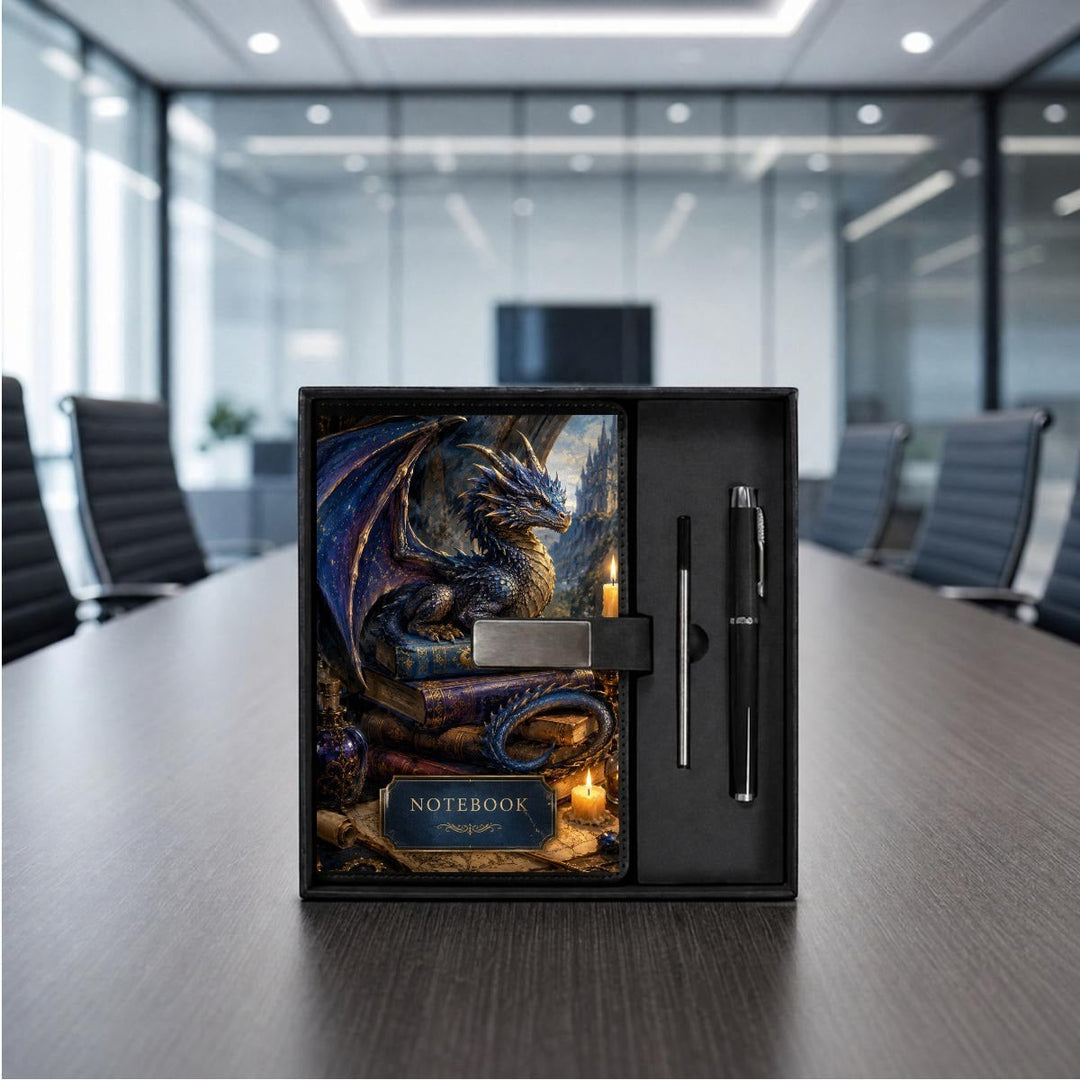 Sea Dragon Dreams dragon-themed PU leather notebook and metal pen gift set in a black presentation box on a desk.