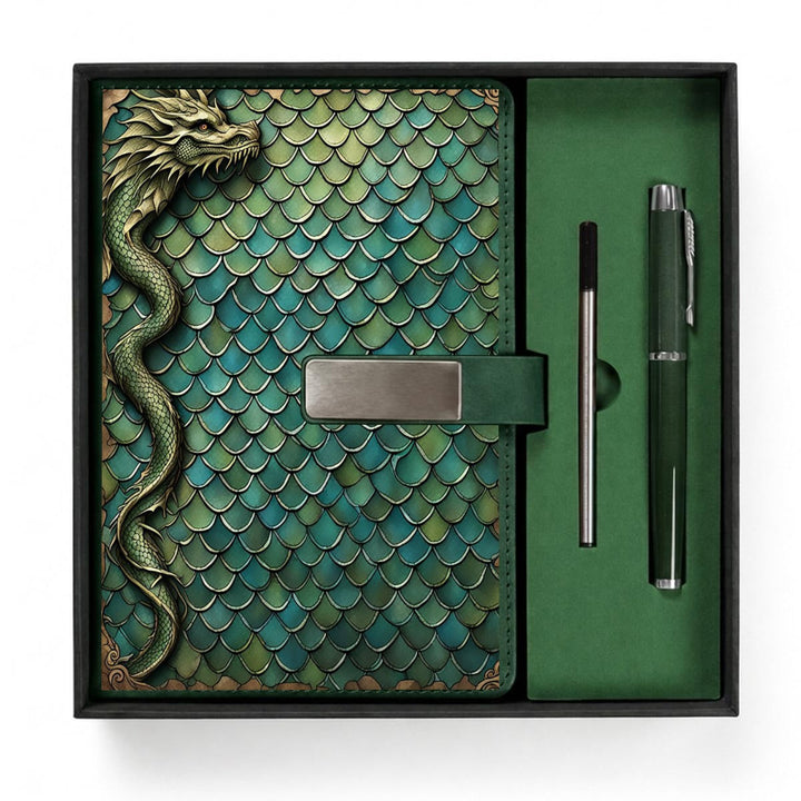 Sea Dragon Dreams notebook gift set featuring a green dragon scale cover with 3D dragon art and a matching metal pen.