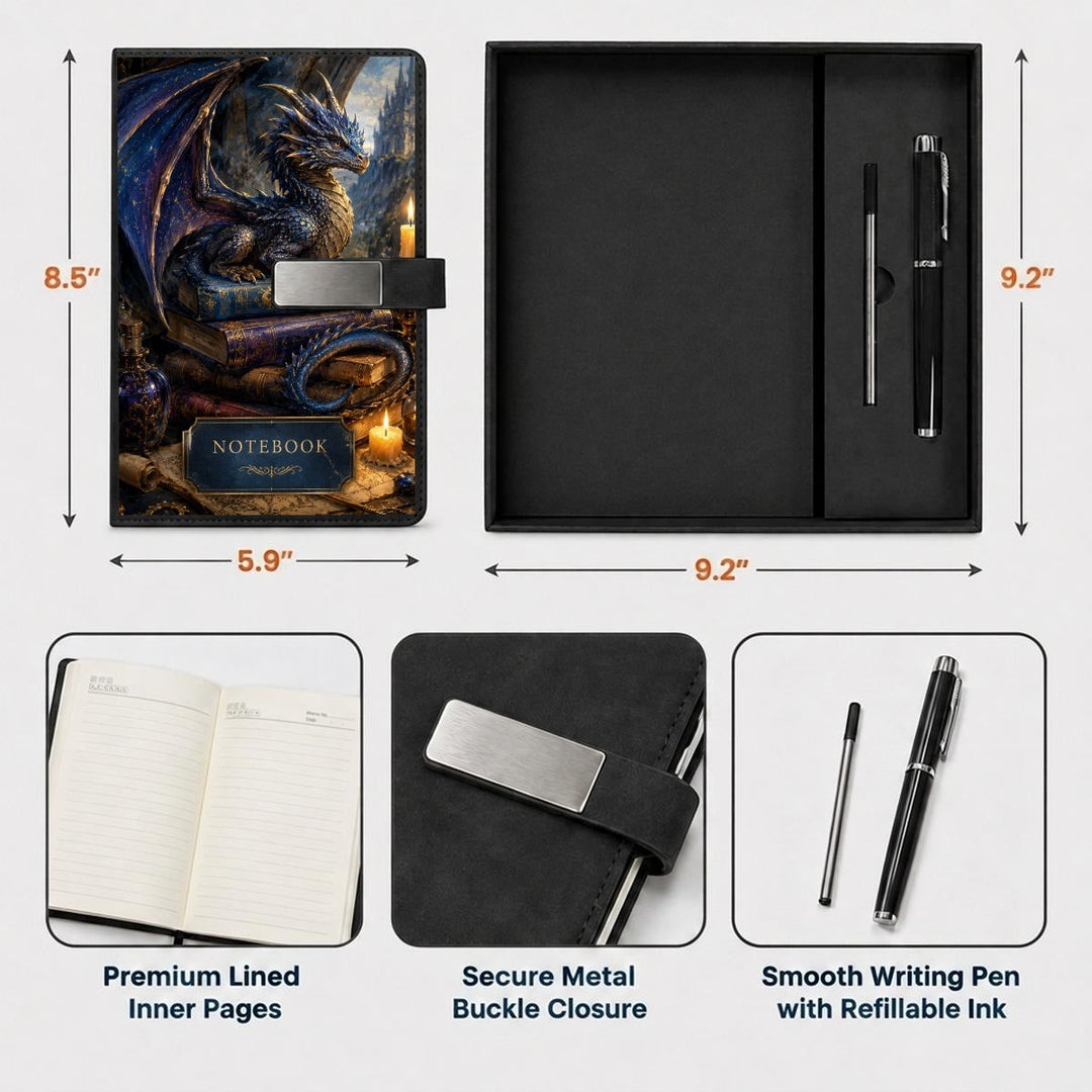 Sea Dragon Dreams dragon-themed PU leather notebook gift set with a matching metal pen and secure buckle closure.