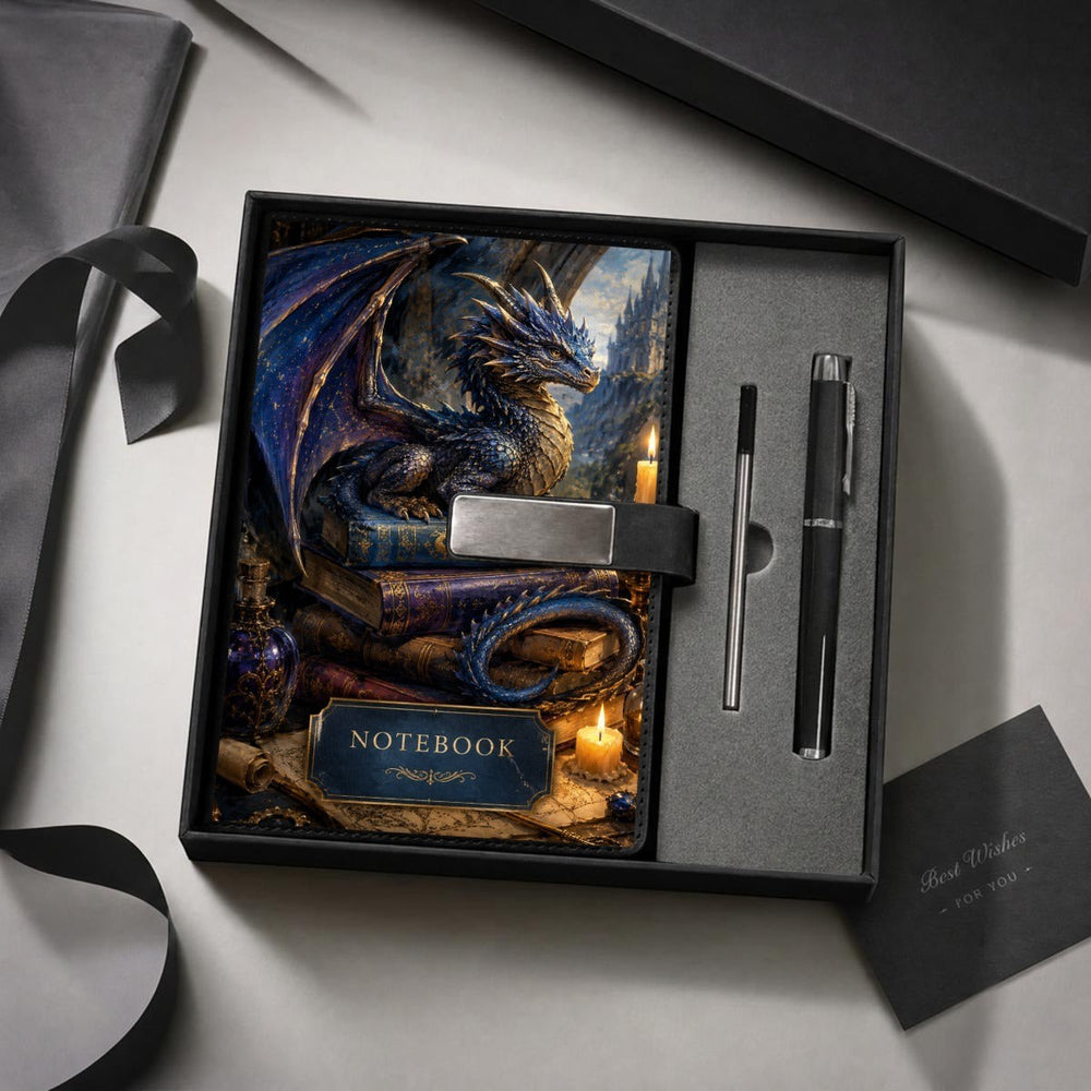 Sea Dragon Dreams dragon-themed PU leather notebook and metal pen gift set in a black presentation box.