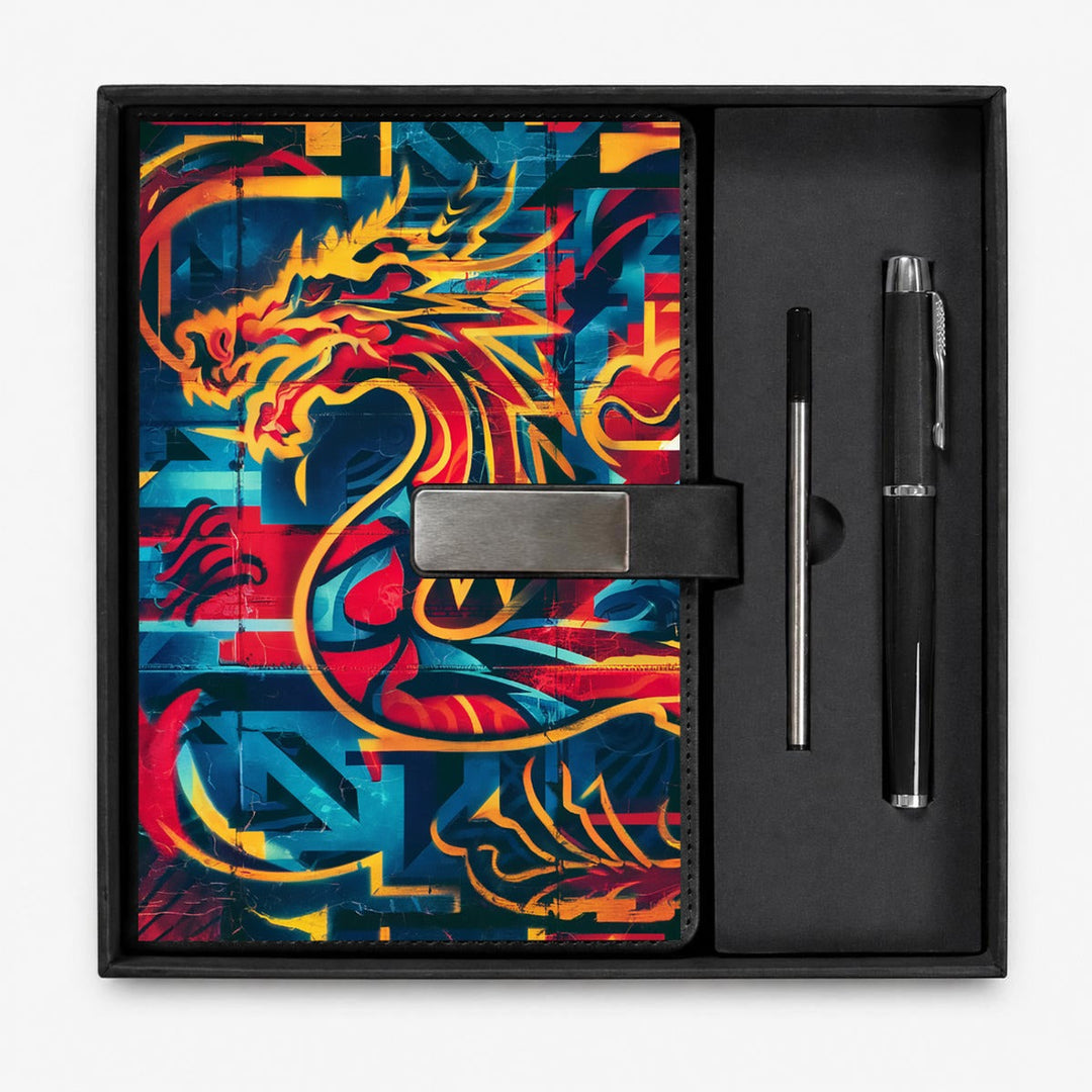 Sea Dragon Dreams notebook gift set featuring a vibrant dragon-themed journal and a matching black metal pen in a box
