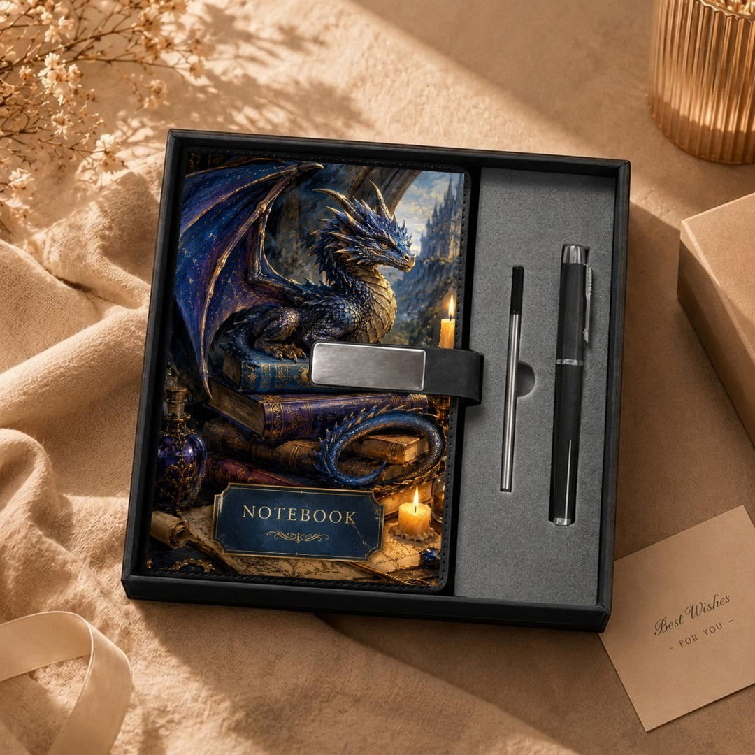 Sea Dragon Dreams dragon-themed PU leather notebook and metal pen gift set in a black presentation box