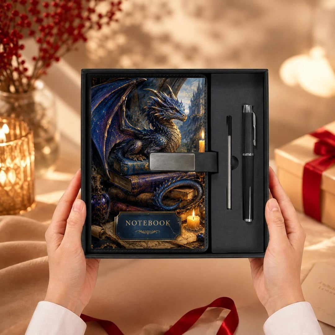 Sea Dragon Dreams dragon-themed PU leather notebook and metal pen gift set in a presentation box