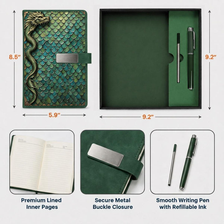Sea Dragon Dreams notebook gift set featuring a green dragon-embossed cover, metal buckle, and matching refillable pen.