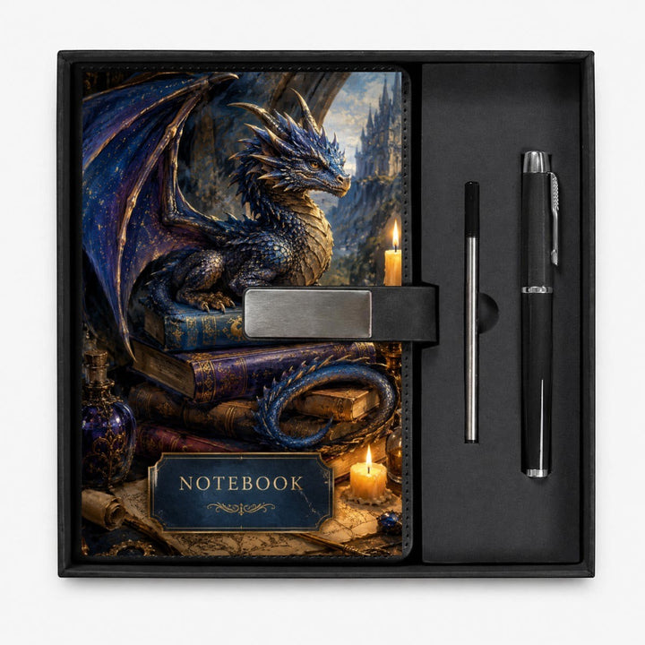 Sea Dragon Dreams notebook gift set featuring a fantasy dragon illustration, matching metal pen, and storage box.
