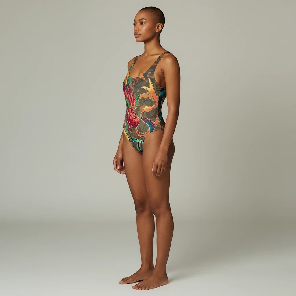 Sea Dragon Dreams one-piece swimsuit featuring a vibrant dragon motif, scoop neckline, and cheeky fit on a model.