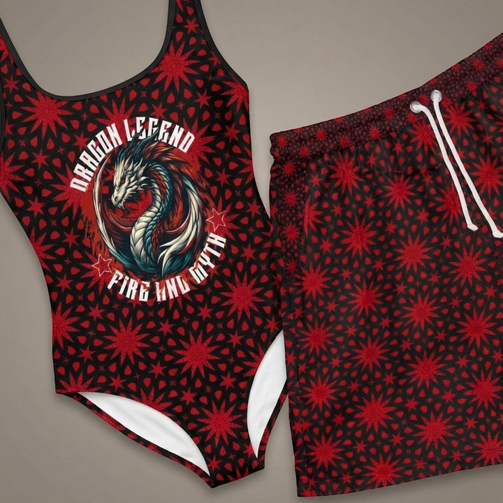 Sea Dragon Dreams women's one-piece swimsuit featuring a red and black dragon legend print with a scoop neckline.