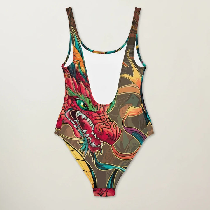Sea Dragon Dreams one-piece swimsuit featuring a vibrant red dragon motif, scoop neckline, and low back design.