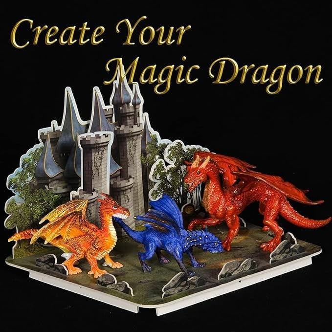 Sea Dragon Dreams dragon painting kit with three painted dragon figurines and a 3D castle puzzle on a display base