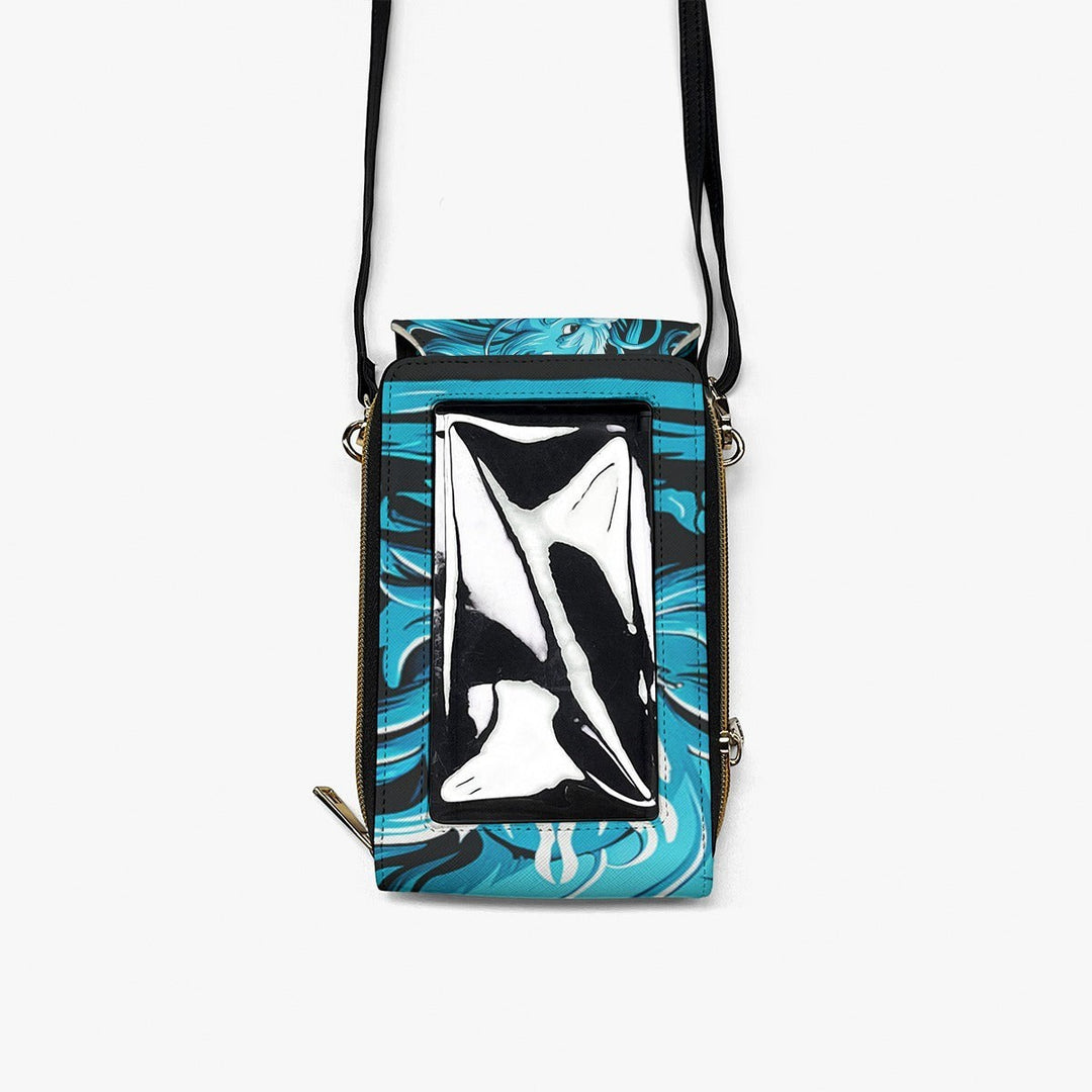 Sea Dragon Dreams Majesty Dragon crossbody phone bag in blue and black PU leather with a clear front pocket.
