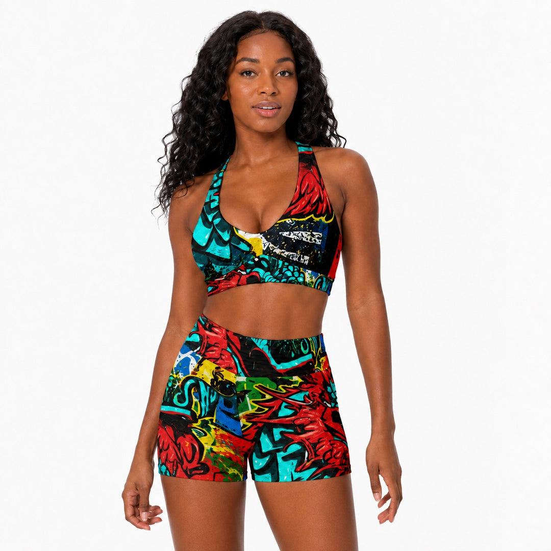 Sea Dragon Dreams women's sports bra and high-waisted shorts set featuring a vibrant street-art dragon print
