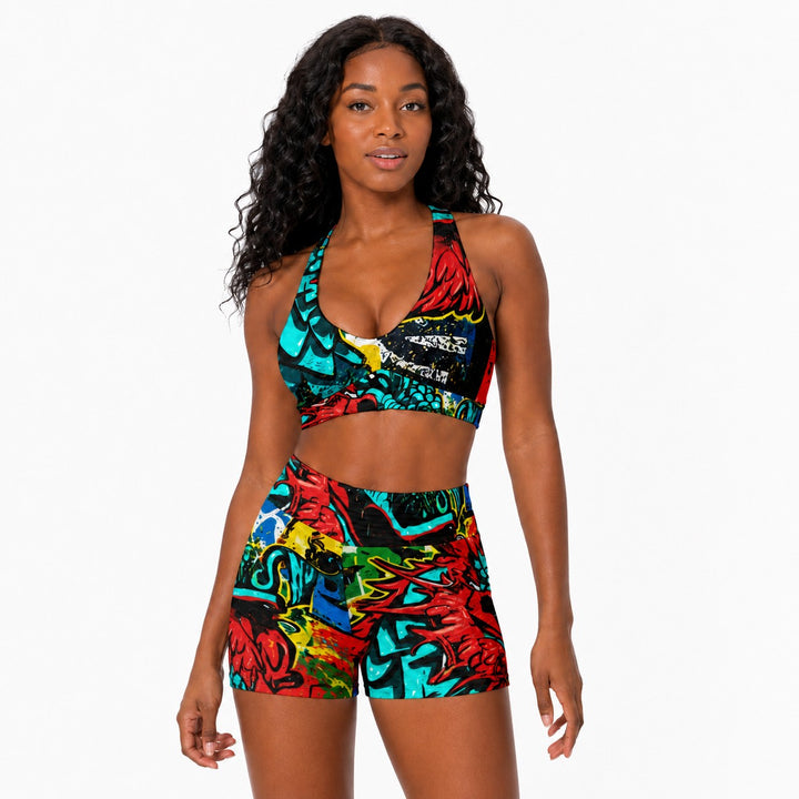 Sea Dragon Dreams women's sports bra and high-waisted shorts set featuring a vibrant street-art dragon print
