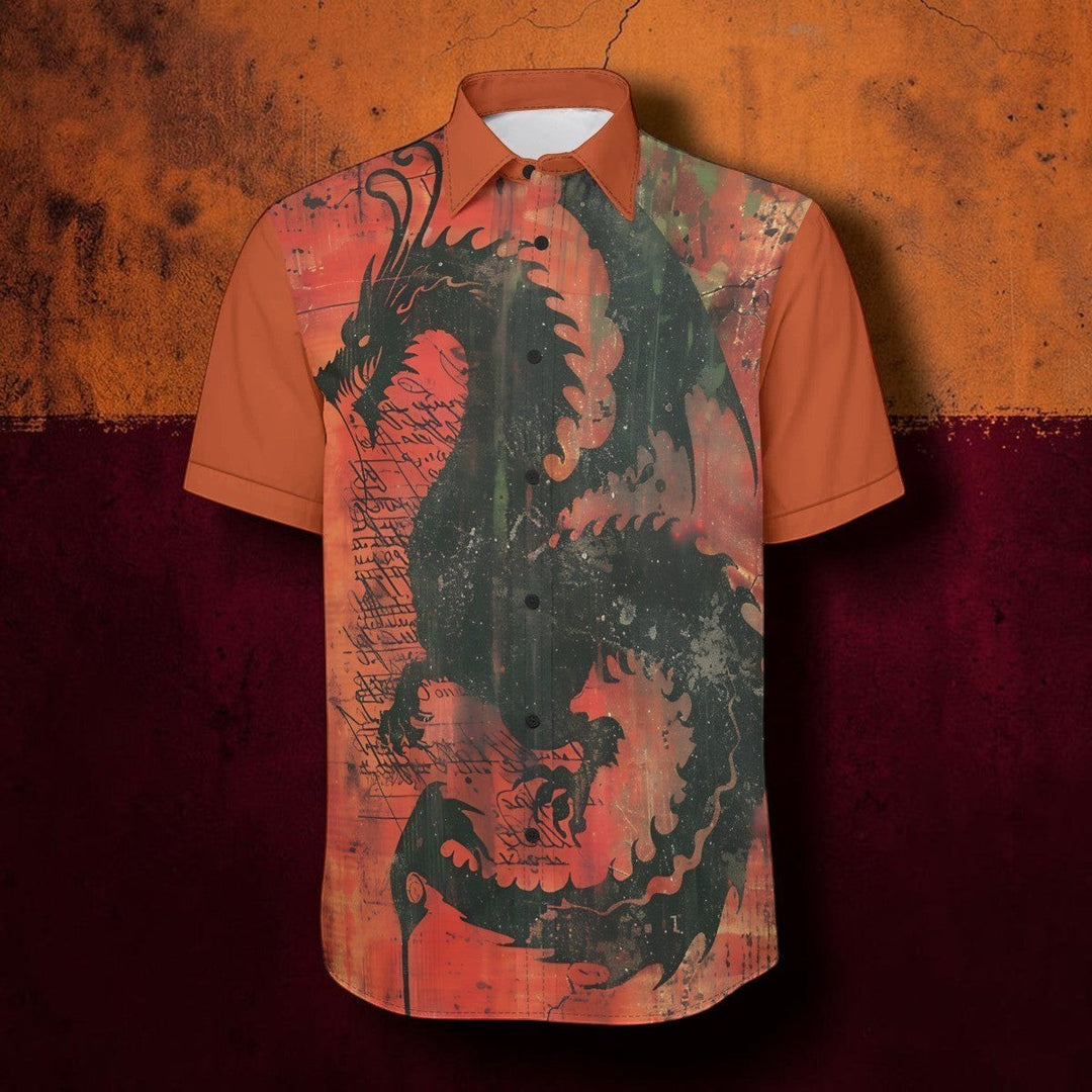 Sea Dragon Dreams men's short-sleeve collared shirt featuring a bold black dragon print on a textured orange background.