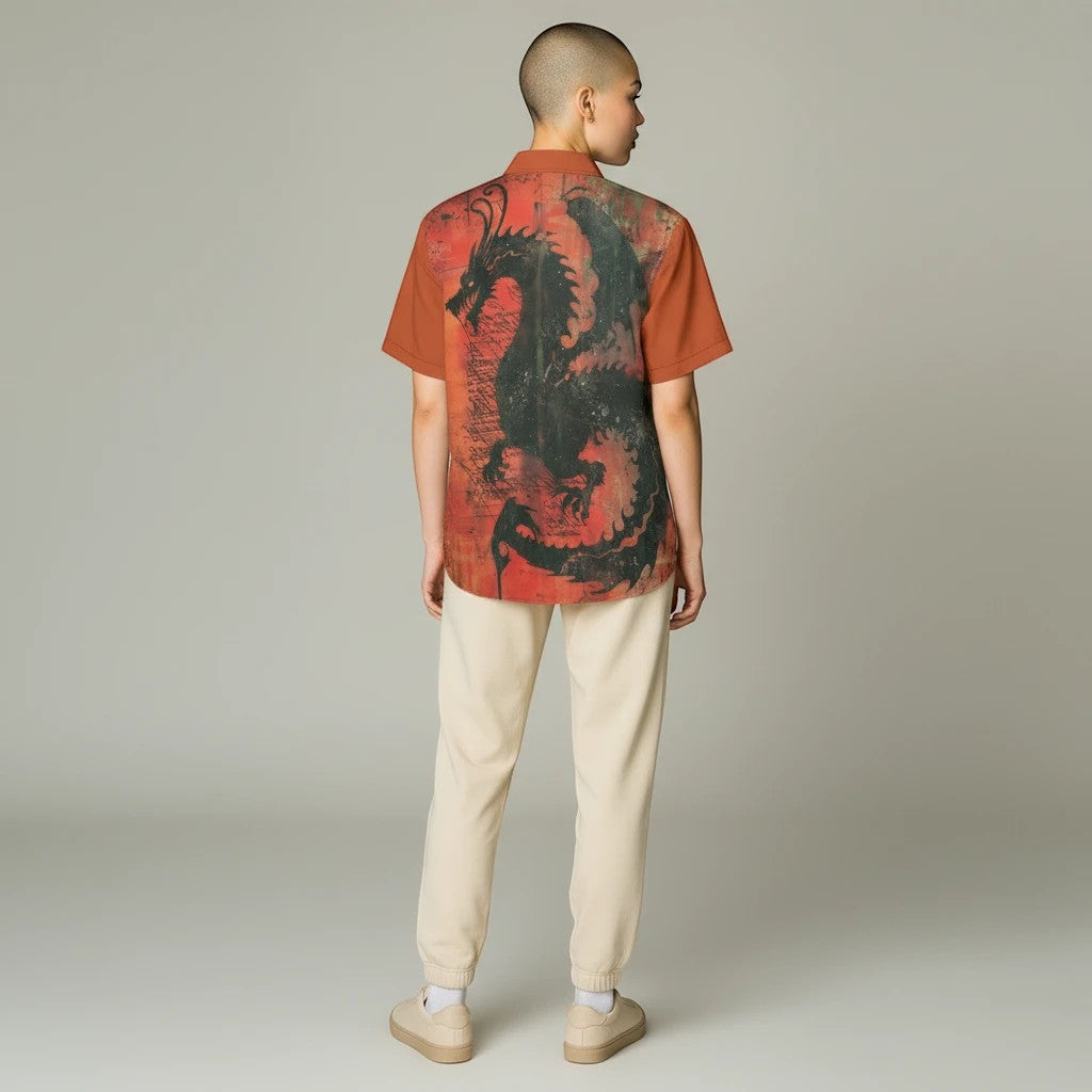 Sea Dragon Dreams men's collared shirt featuring a bold black dragon print on a red background, back view.