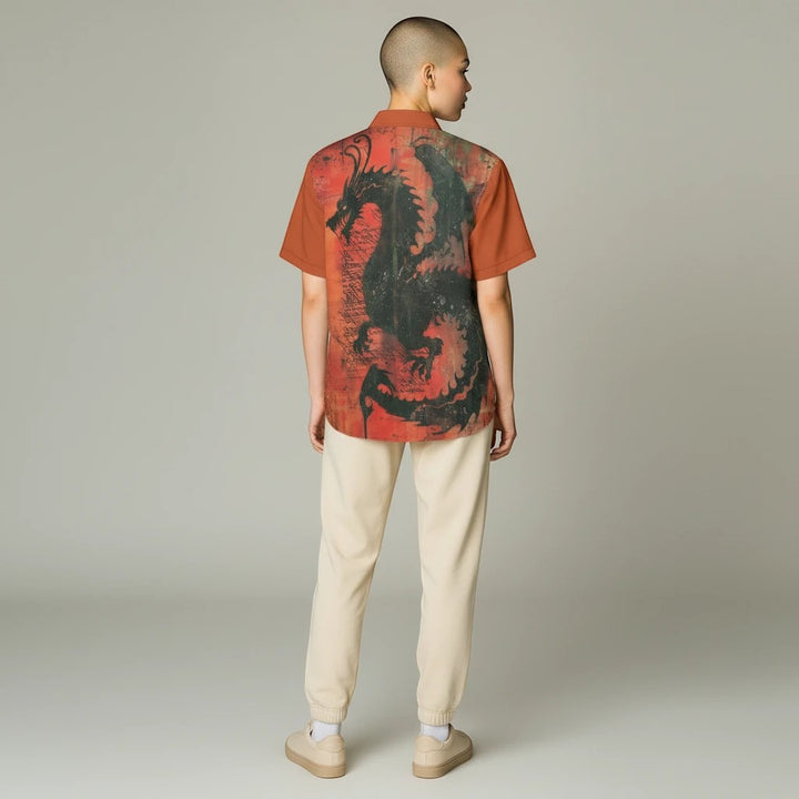 Sea Dragon Dreams men's collared shirt featuring a bold black dragon print on a red background, back view.
