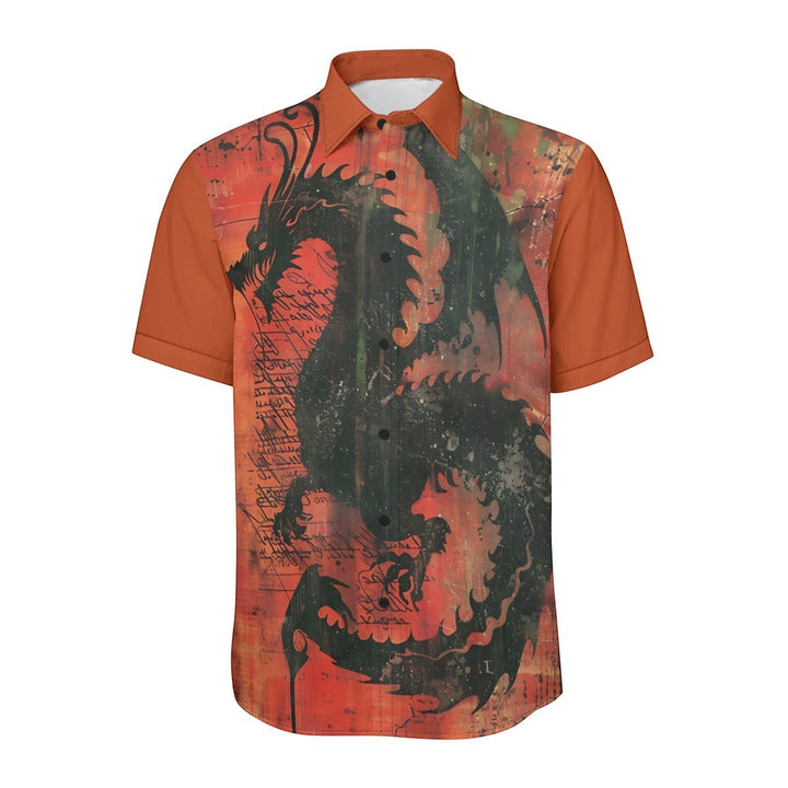 Sea Dragon Dreams men's collared shirt featuring a bold black dragon print on a vibrant orange cotton poplin background.