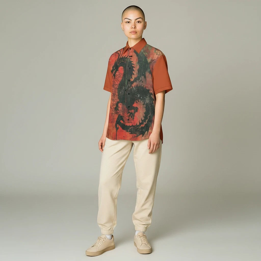 Model wearing a Sea Dragon Dreams collared shirt with a bold black dragon print on a rust-red cotton poplin fabric.