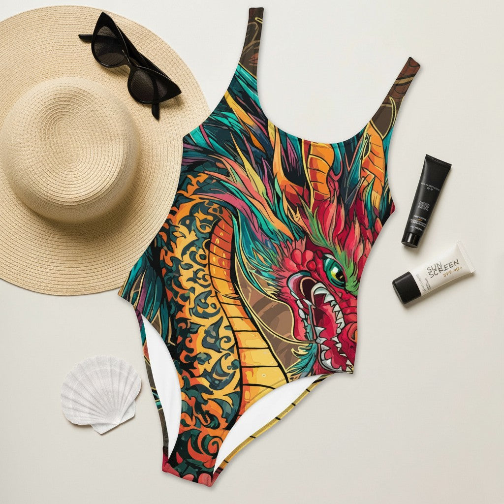 Sea Dragon Dreams one-piece swimsuit featuring a vibrant dragon print, scoop neckline, and cheeky fit on a beach set