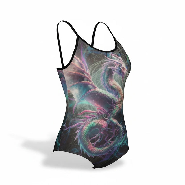 Sea Dragon Dreams women's tank top with a vibrant dragon print, featuring a criss-cross open back design.