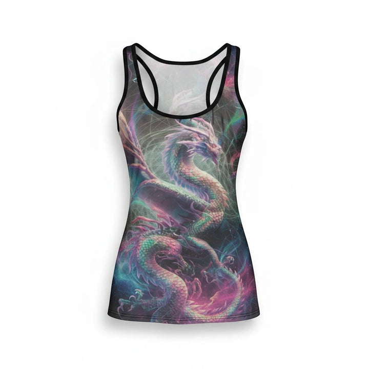 Sea Dragon Dreams women's tank top featuring a vibrant, ethereal dragon print with criss-cross open back design.