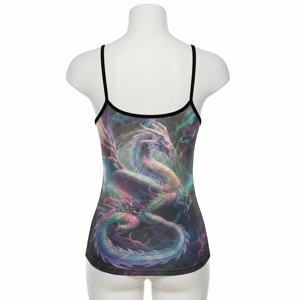 Sea Dragon Dreams women's tank top with a vibrant cosmic dragon print and criss-cross open back design