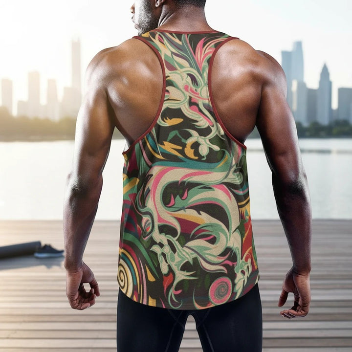 Sea Dragon Dreams men's slim fit Y-back muscle tank top with a colorful abstract dragon print, worn by a muscular man.