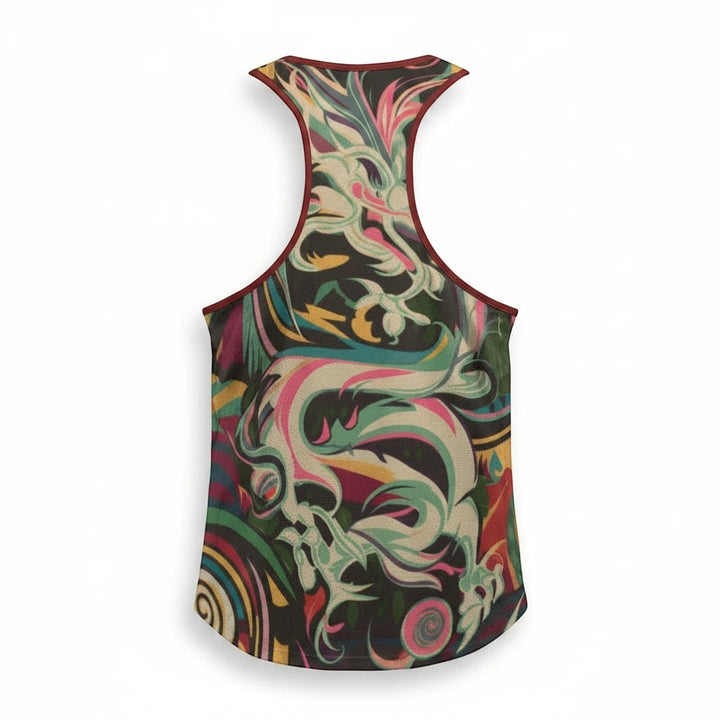Sea Dragon Dreams men's slim Y-back muscle tank top with a vibrant multi-colored dragon print on polyester fabric.