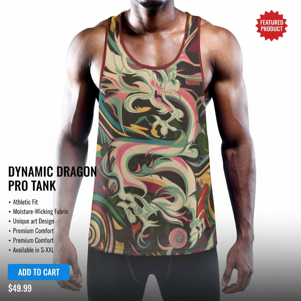 Sea Dragon Dreams men's slim Y-back muscle tank top with a colorful abstract dragon print in moisture-wicking fabric.