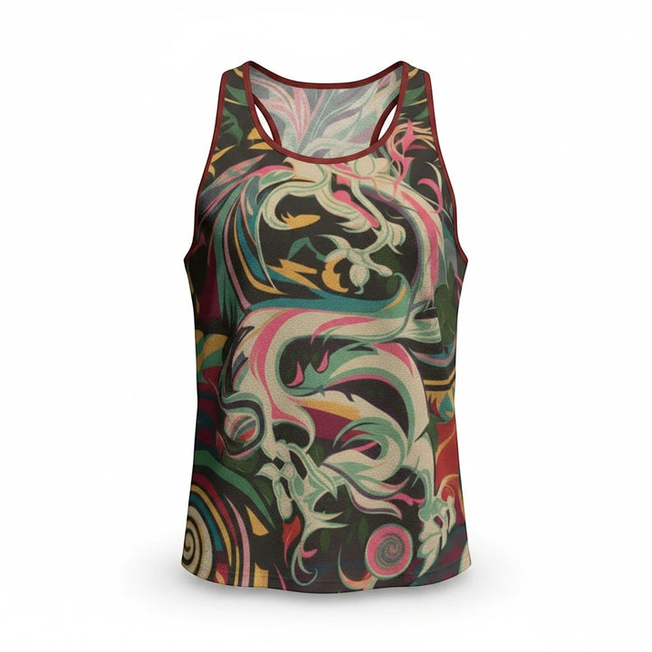 Sea Dragon Dreams men's slim fit workout tank top with a colorful abstract dragon pattern and Y-back design.