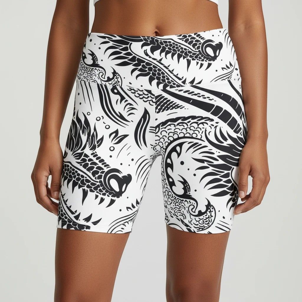 Sea Dragon Dreams women's workout shorts featuring a black and white dragon print, made from durable polyester.