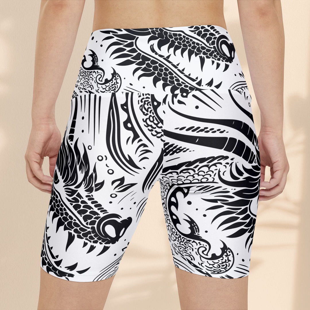 Sea Dragon Dreams women's black and white dragon print workout shorts with a high waistband for fitness and yoga.