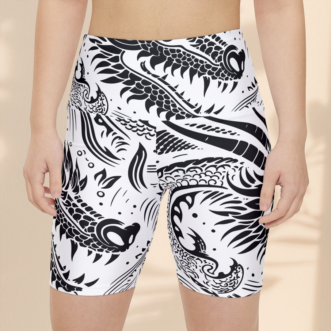 Sea Dragon Dreams women's black and white dragon print workout shorts with high waistband for fitness and yoga