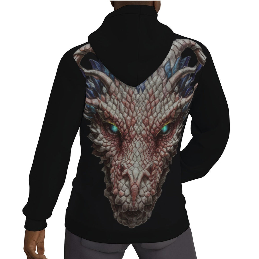 Sea Dragon Dreams men's black pullover hoodie featuring a detailed dragon head graphic on the back with fleece lining