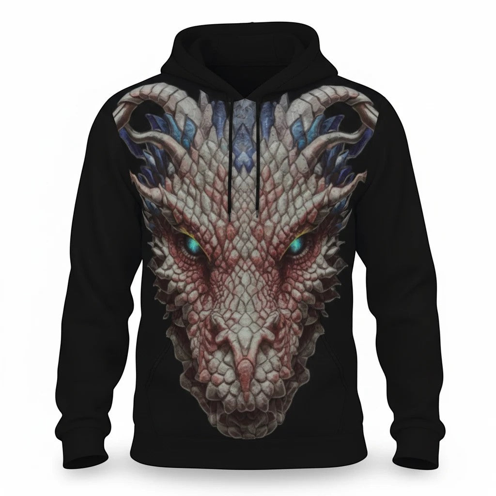 Sea Dragon Dreams men's black pullover hoodie featuring a detailed dragon head graphic with fleece lining