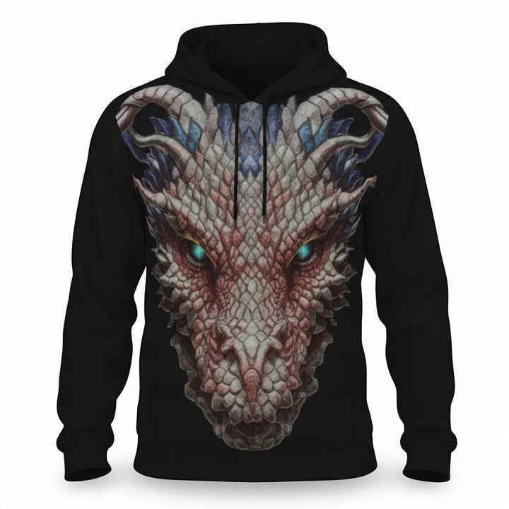 Sea Dragon Dreams men's black pullover hoodie featuring a detailed dragon head graphic with fleece lining