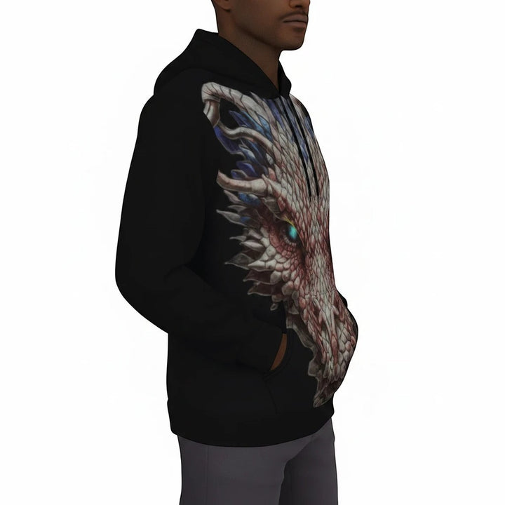 Sea Dragon Dreams men's black pullover hoodie featuring a detailed dragon head graphic and warm fleece lining.