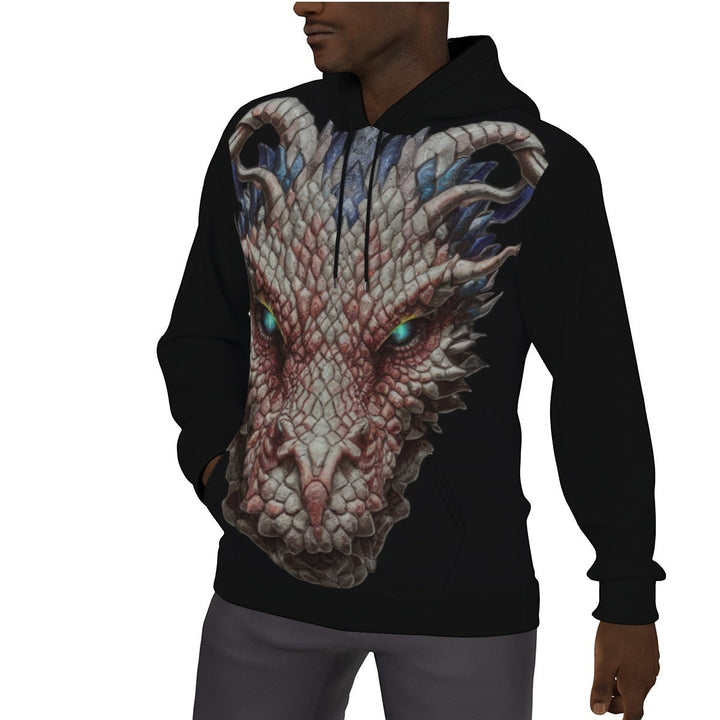 Sea Dragon Dreams men's black pullover hoodie featuring a detailed dragon head graphic with glowing blue eyes