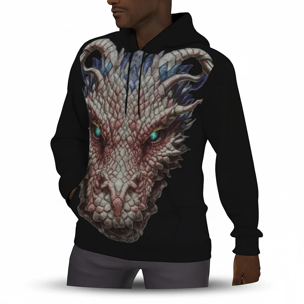 Sea Dragon Dreams men's black pullover hoodie featuring a detailed dragon head graphic and warm fleece lining.